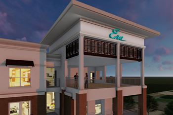 up close view of the rooftop patio at dusk at Era Apartment in Denton, TX